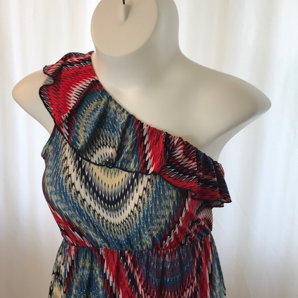 Red White Blue Dress Ruffle one shoulder Retro 4th fourth of july USA America - Picture 2 of 7